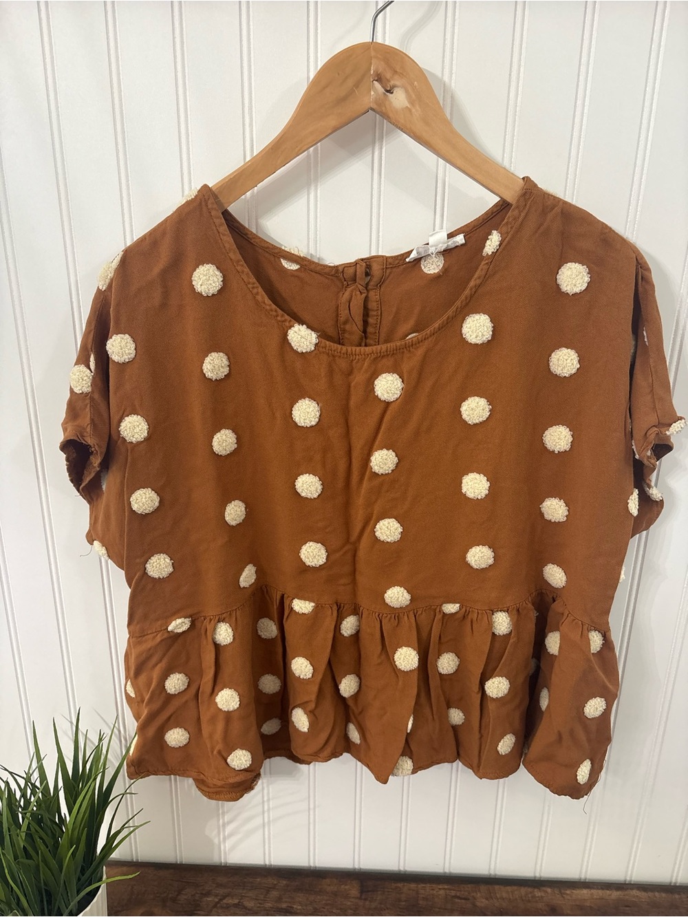 Blu Pepper Rust Polka Dot Pom-Pom Peplum Blouse
